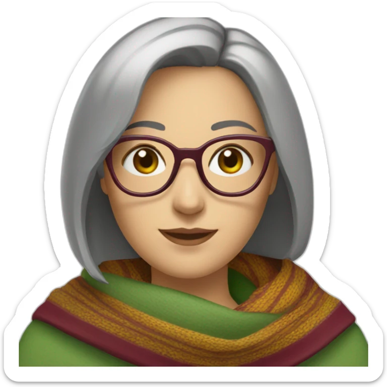 white-woman-with-gray-short-bob-green-eyes-and-brown-glasses-wearing-colorful-shawl-and-burgundy-top sticker