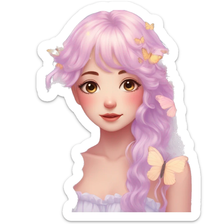 gorgeous anime pastel lady with butterflies and beautiful hair fairycore cottagecore sticker