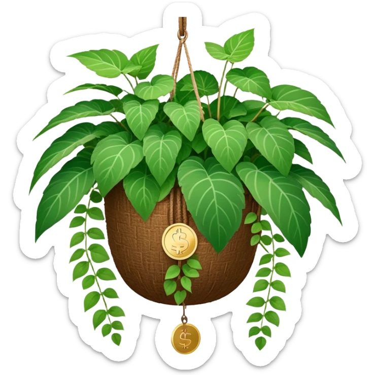Plectranthus Verticillatus plant with perfectly circular coin-shaped green leaves in a coconut fiber hanging basket sticker