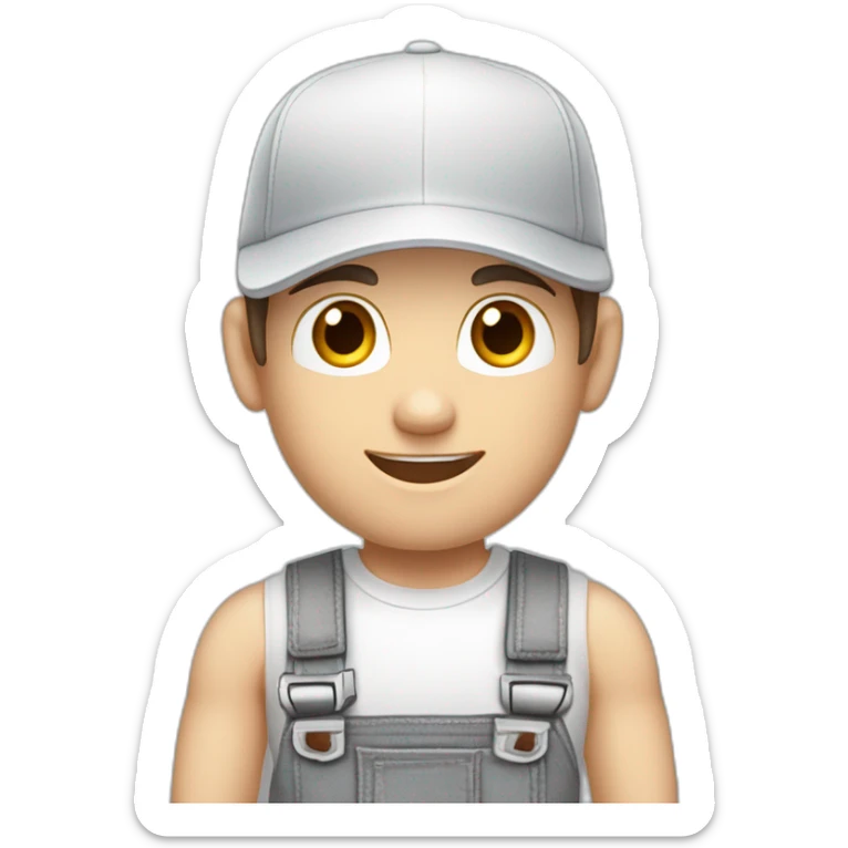 Pale skinned fit Man with dark brown hair in a white cap, gray jeans and gray polo T-shirt keeping a pasted with tape box into his hands sticker