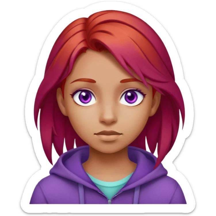 A girl with red hair, purple eyes, and a wheatish complexion looks like a teenager. sticker