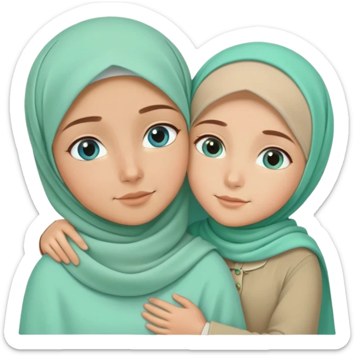 Turkish beautiful finish Konya girl blue eyes mint green beige hijab islamic dress and hugs with big boy brother  sticker
