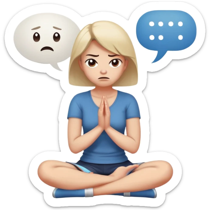 angry woman sitting cross-legged on floor with arms firmly crossed, face turned away, furrowed eyebrows and frowning expression, speech bubble ignored or crossed out nearby, back partially turned to conversation sticker