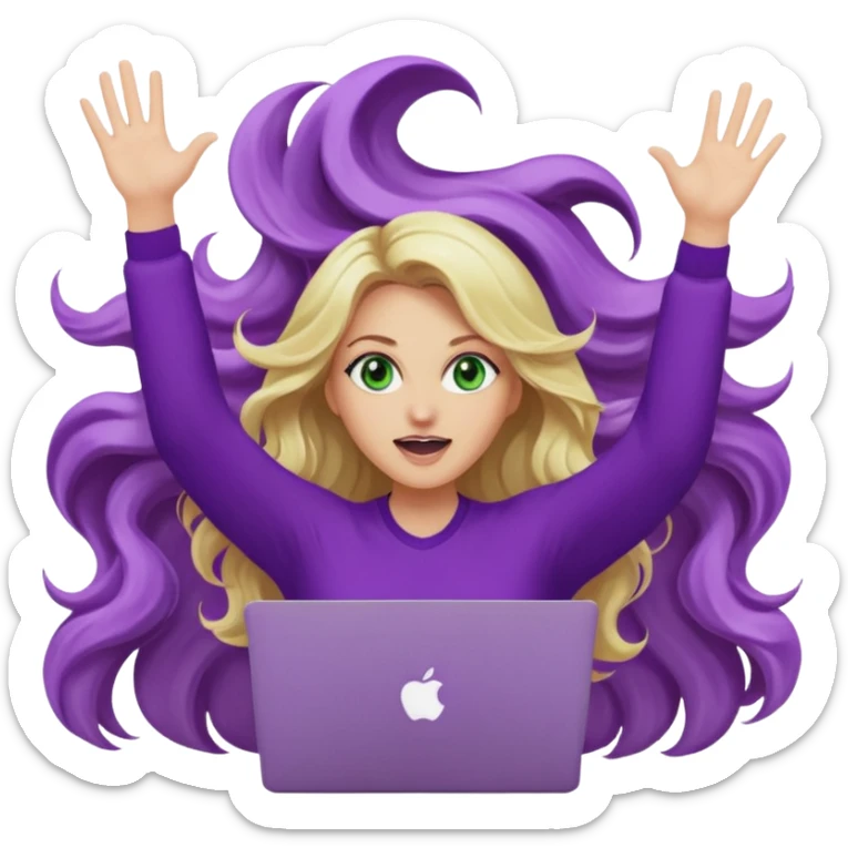 lady with long wavy blonde hair, purple top, green eyes, throwing her with a purple mac laptop hands in the air screaming sticker