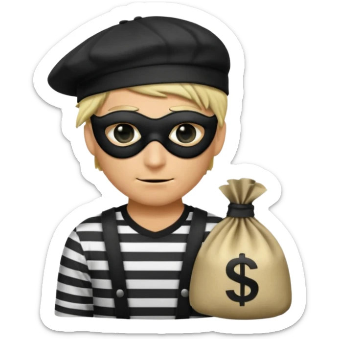a short ios emoji-style portrait of a classic burglar, a black eye mask and a black-and-white striped shirt. emoji-like hair, black hat, a bag of money 💰 with a dollar sign in a right corner, evil expression  sticker