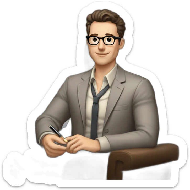 Pale skinned Fit Man With dark brown hair in gray jacket, beige office shirt, Brown pants and vintage glasses sitting In a soft chair with a notebook with emblem Ψ and a pen in his hands sticker