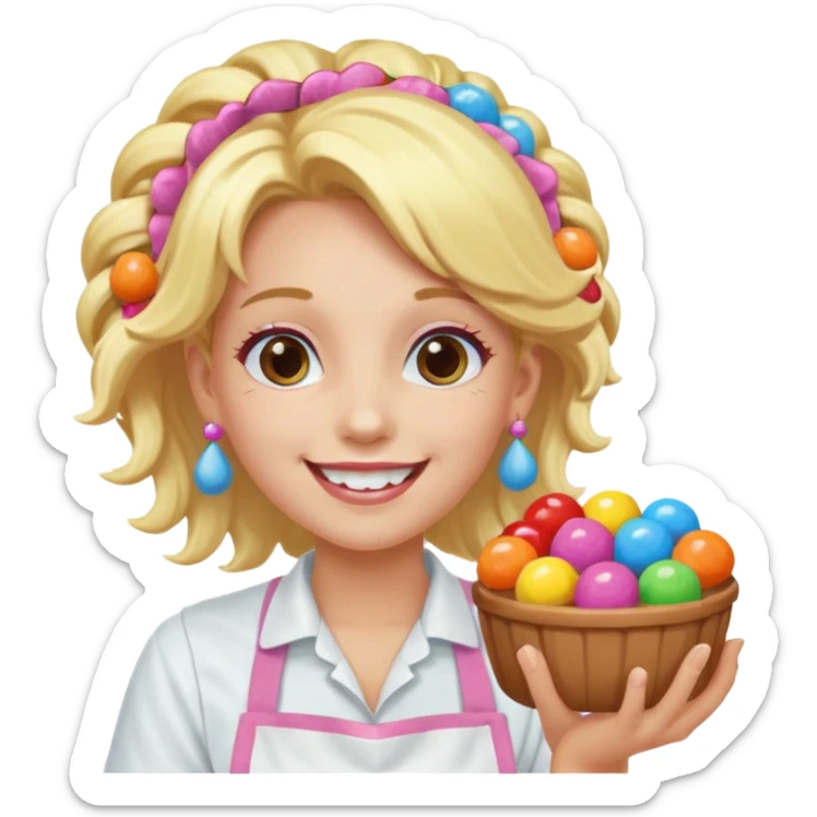candy shop vendor, looking like candy with candy earrings and candy hair with big smile and blond hair sticker