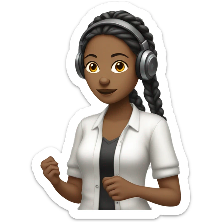 Medium tone women with braids wear a white shirt and cardigan wearing headphones listening to music sticker