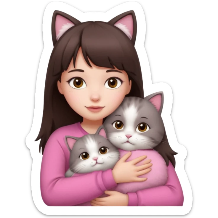 a cute white girl with bangs and straight dark brown hair, brown eye, light makeup wear a pink clothes hugs a cute chubby cat sticker