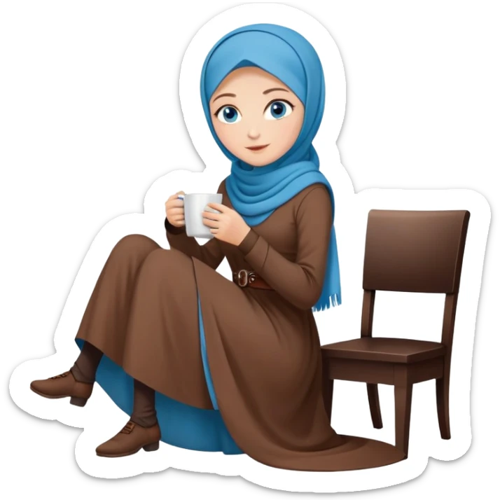 Turkish beautiful finish Konya girl blue eyes with brown hijab long tail dress and sits on the chair on the ground and holds cup coffe with her hand  sticker