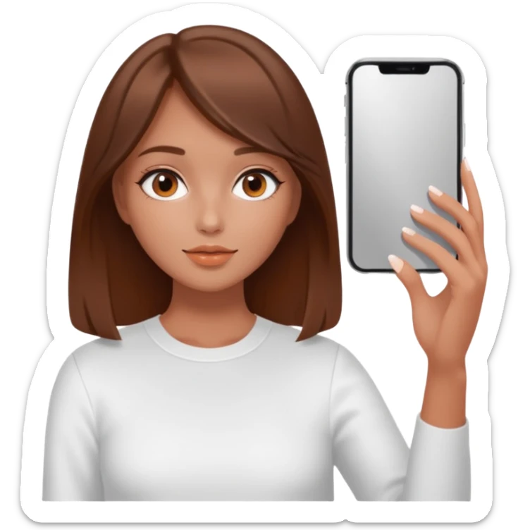 aesthetic clean girl with brown hair, white but fake tanned slightly orange skin, no face visible, holding phone taking a mirror selfie, minimal and stylish sticker
