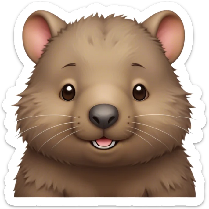 Cinematic Cute Wombat Portrait Emoji, Head tilted playfully and inquisitively, featuring a fluffy, shaggy brown fur with a round, endearing face and twinkling eyes full of gentle curiosity, Simplified yet irresistibly adorable features, highly detailed, glowing with a warm, friendly glow, high shine, affectionate and chubby, stylized with a touch of bushland whimsy, bright and endearing, soft glowing outline, capturing the essence of a mischievous yet loving wombat, so playful it feels like it could trundle out of the screen into your arms! sticker