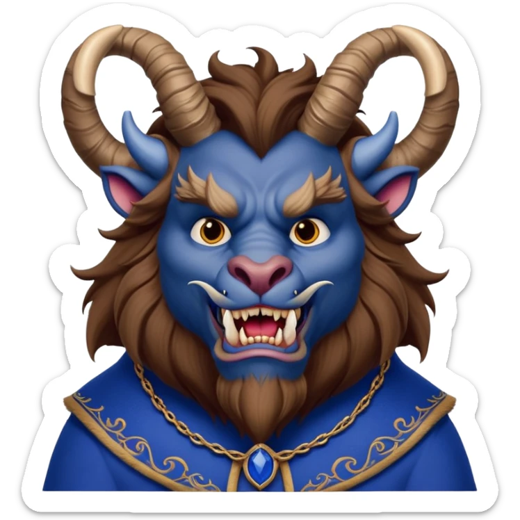 Beast from Beauty and the Beast with a human-like mouth and lips, but still with horns, fur, and beastly features wearing royal blue clothes sticker