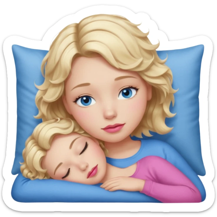 Girl Blonde short wavy hair,  blue eyes, cute blue top, long lashes, pink lips, sleeping sticker