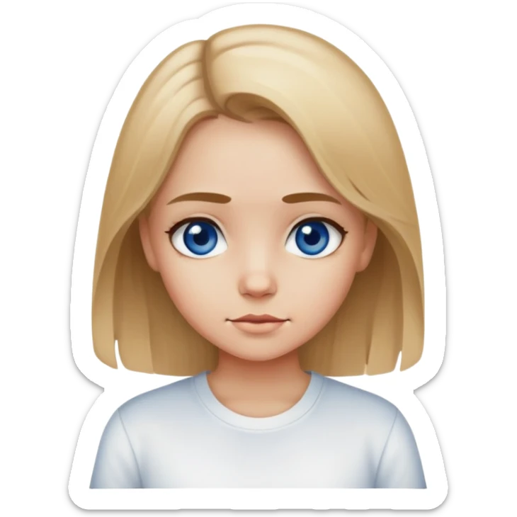 A girl with a dirty blonde hair whit a dark blue eyes and white shit with a text I love me sticker