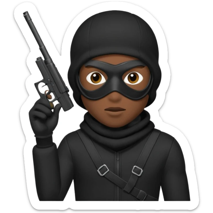A young African male wearing a ski mask in full black clothing, holding a micro Draco gun in the air carelessly sticker