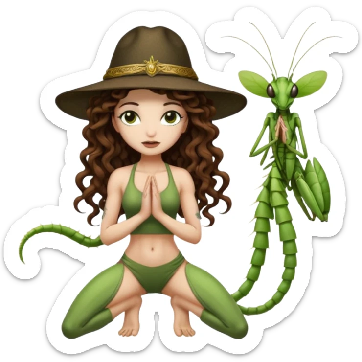 full body woman long curly brown hair brown eyes white skin tattoos muscular build praying mantis hat couture sticker