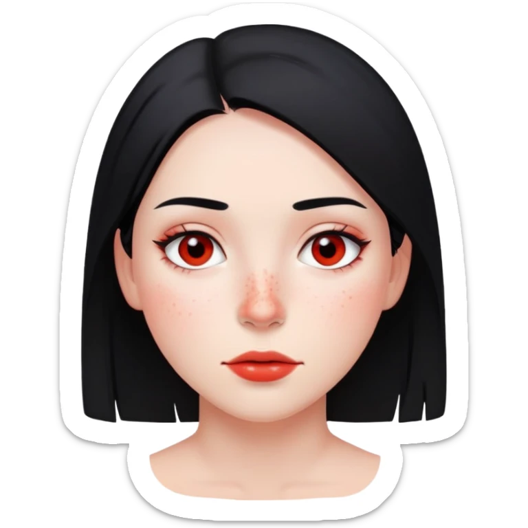 young woman with straight black hair, minimal makeup, and scattered red freckles sticker