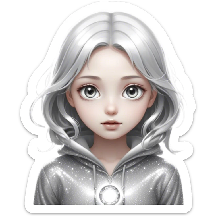 Cinematic girl with large sparkling eyes, Ultra realistic 32k HD, Breathtaking piece of art, rim lighting, hauntingly beautiful art, mostly greyscale, Balanced features, highly detailed digital artwork, glowing with silver light, glowing, high shine, deviant adoptable, highly detailed clothing, remembrance, a painting of white silver, fanciful, enchanting, ghostly, embodying the essence of both reality and fantasy, dreamy, dreamy glow, optical illusion, immaculate composition, complex pose, air composition. The image is so lifelike that it feels as though it could leap off the canvas at any moment sticker