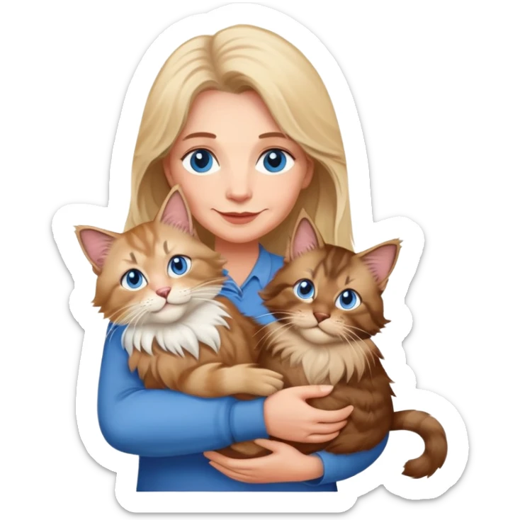 A blonde blue eyed older woman holds a brown Maine Coon cat in her arms sticker