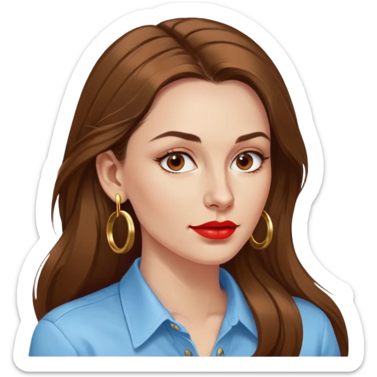 Beautiful croatian woman in her mid 30s with long brown hair red lips gold mid size hoop earrings noise cancelling earbuds in light blue mens shirt sticker