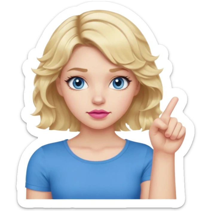 Girl Blonde short wavy hair,  blue eyes, cute blue top, long lashes, pink lips, showing thumbs down 👎  sticker