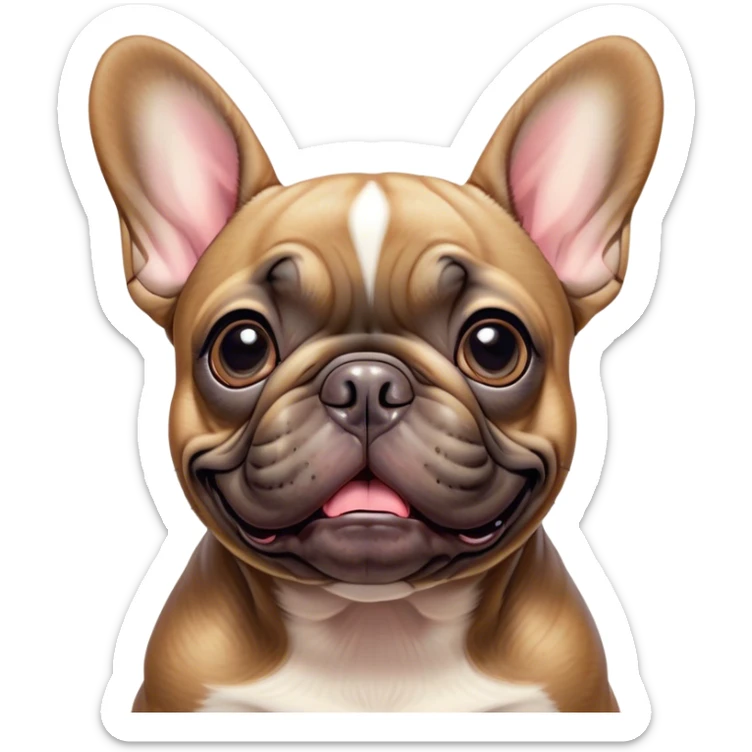 Cinematic Comical Fawn French Bulldog Portrait Emoji, Head tilted dramatically with an exaggeratedly amused expression, featuring a striking fawn coat with a subtle brindle pattern, wide, expressive dark eyes filled with playful disbelief, Simplified yet hilariously expressive features, highly detailed, glowing with a slightly sassy glow, high shine, dramatic yet playful, stylized with an air of cheeky charm, bright and endearing, soft glowing outline, capturing the essence of a spirited and over-the-top companion, so meme-worthy it feels like it could side-eye its way into internet fame instantly! sticker