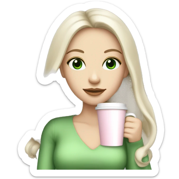 white girl with very long black hair and green eyes and light pink outfit drinking a latte sticker