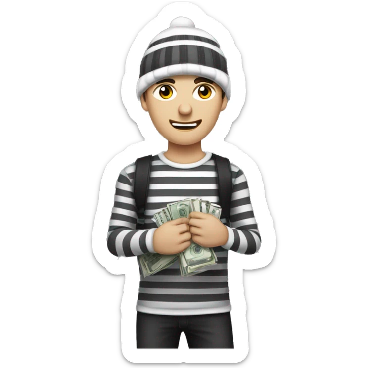 guy with white skin, mild stubble, dark grey beanie, black eye mask, black-and-white striped full sleeve and holding money bag on his left shoulder sticker