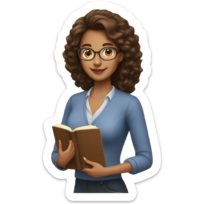 woman teacher brown large hair and clear skin with book sticker