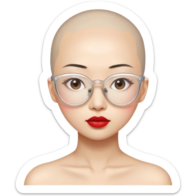 Asian girl with Beige skin Eyes with slightly upturned corners Bald head, wearing transparent plastic frame glasses, thin lips and red lipstick sticker