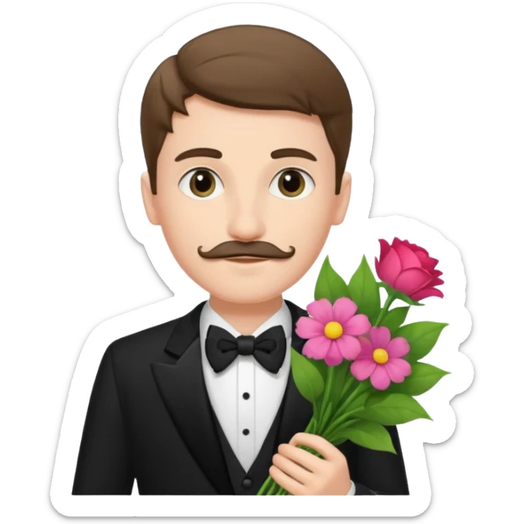generate an ios genmoji of a 20 year old fair boy with very few mustache hair, carrying a flower bouquet, wearing a tux sticker