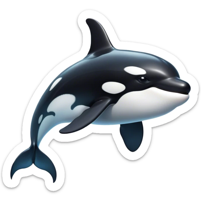 Cinematic Noble orca Portrait Emoji, Poised and majestic, with a sleek, streamlined black-and-white body, piercing intelligent eyes, and a powerful, commanding presence, Simplified yet sharp and sophisticated features, highly detailed, glowing with a soft oceanic radiance, high shine, intelligent and formidable, stylized with an air of deep-sea dominance, focused and alert, soft glowing outline, capturing the essence of an apex predator that appears ready to surge out of the waves with effortless authority! sticker