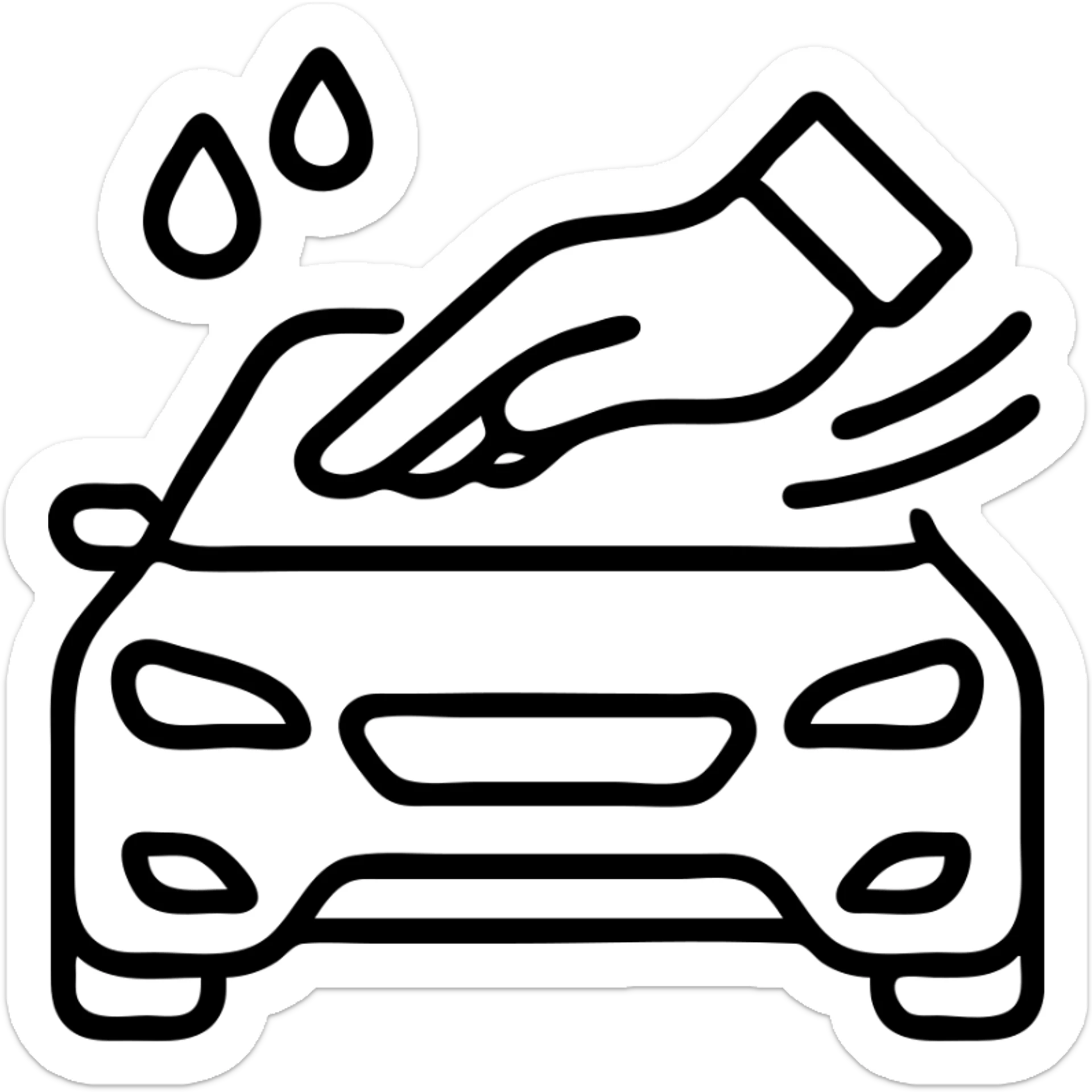 outlined icon of an elegant hand wearing a white glove on the hood of a high-end car, with water drops or shine, main color black, silver or white details, smooth motion lines suggesting cleaning, modern and clean style, no text sticker