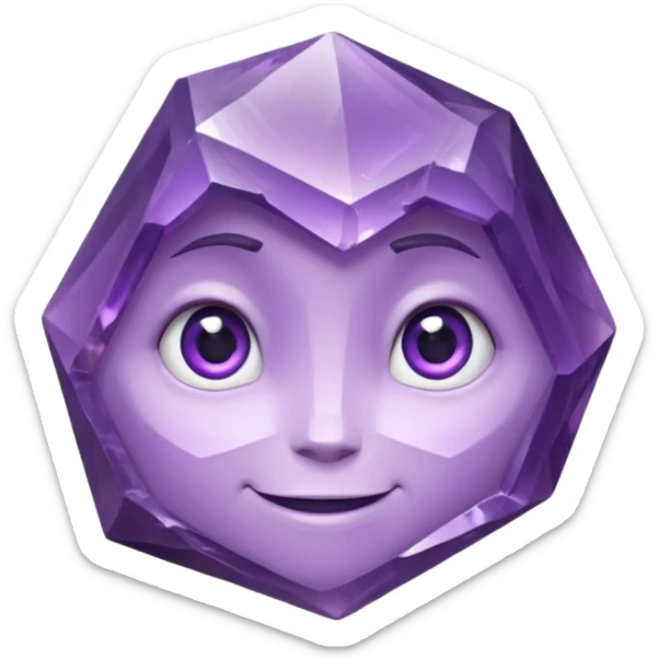 One amethyst-purple faceted rock head character, chunky and rock-like, with irregular facets and a few visible chips, big glossy eyes looking slightly up and a gentle smile, 3D render, high detail, soft rim light, isolated on dark background. sticker