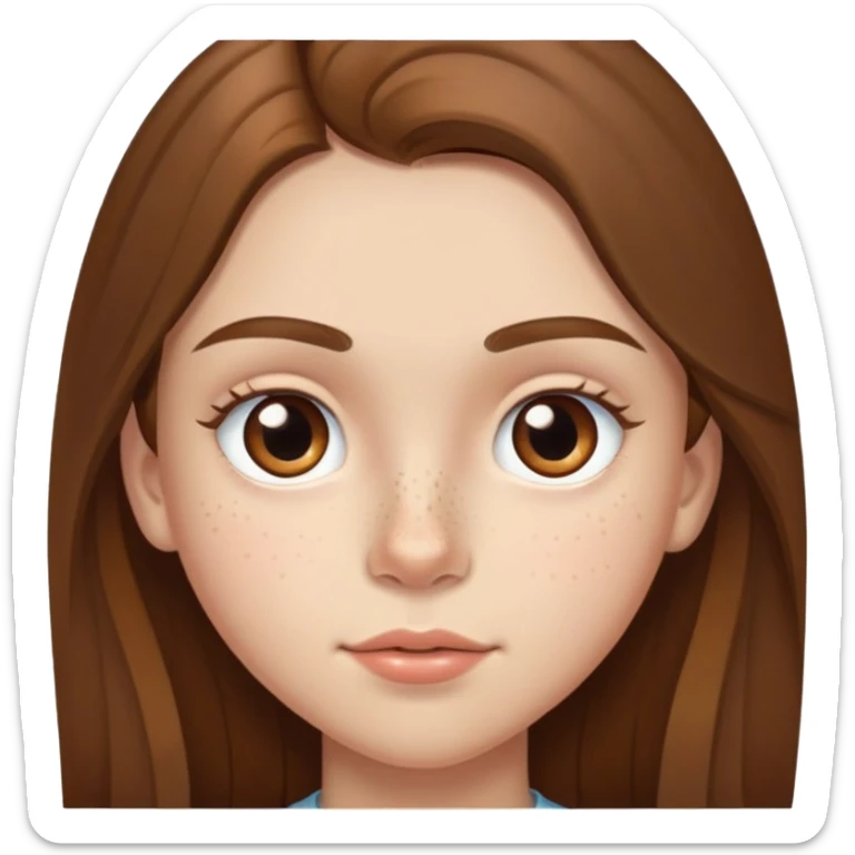 A 12-year-old girl with very long brown hair, light brown eyes, medium thick eyebrows, slightly big lips, a small freckle on her cheek and another small freckle under her eye sticker