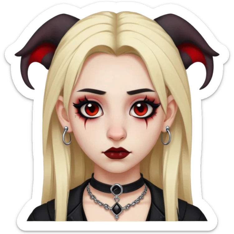 Blonde goth girl, brown eyes, fair skin, dark clothes, nose piercings on both sides, septum pericing, eyebrow peircing, gauged ears, lots of ear piercings, heavy black and red makeup  sticker