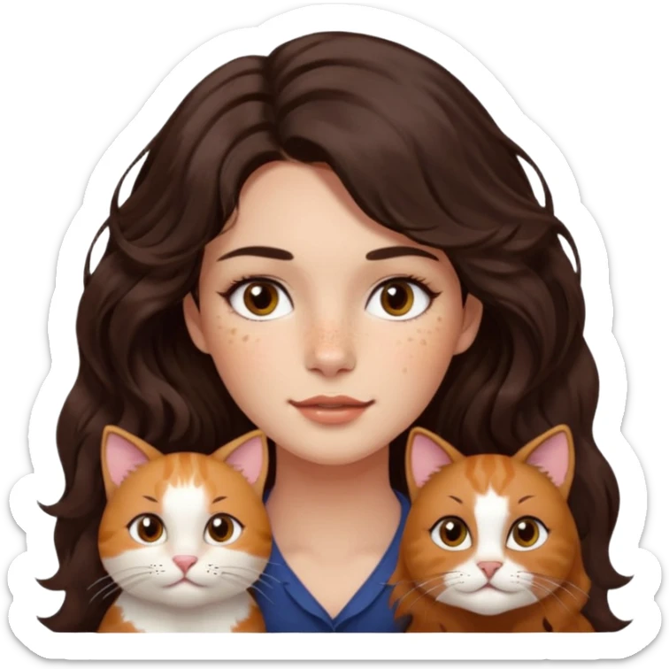 Uzun koyu kahverengi dalgalı saçlı, çenesinde beni olan ve yüzünde biraz çiller olan, iri koyu kahverengi bol kirpikli gözlü sevimli bir yüzü katlı kesim bir saçı olan kadın yap yanına da kilolu tamamen kahverengi bir kedi yap sticker