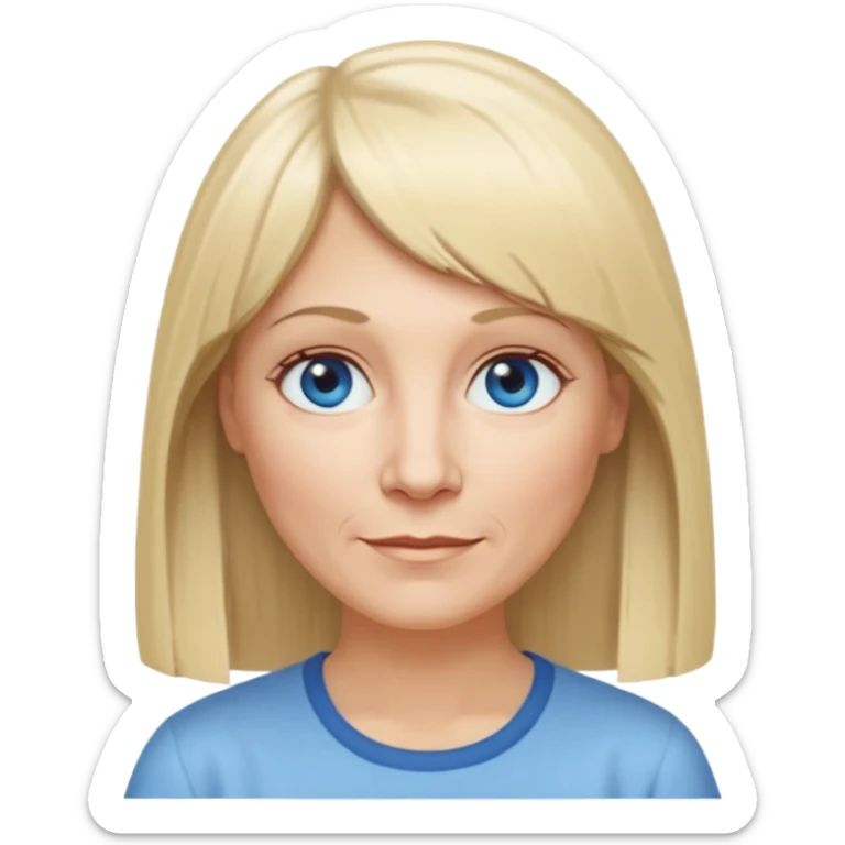 50 yr old white woman, hippie part short bangs, very long straight blond hair, oval face, small smile, blue eyes, thin face, hair downback, hair parted at center of head, round cheeks, pale, longer hair, white shirt sticker