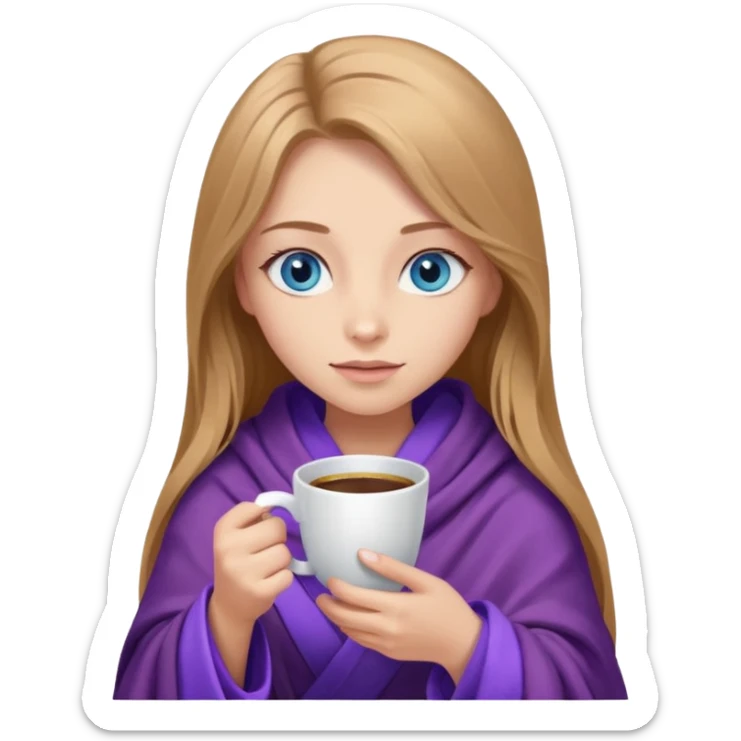 A girl with blue eyes, long eyelashes, very long light brown hair, inside a purple blanket with coffee sticker