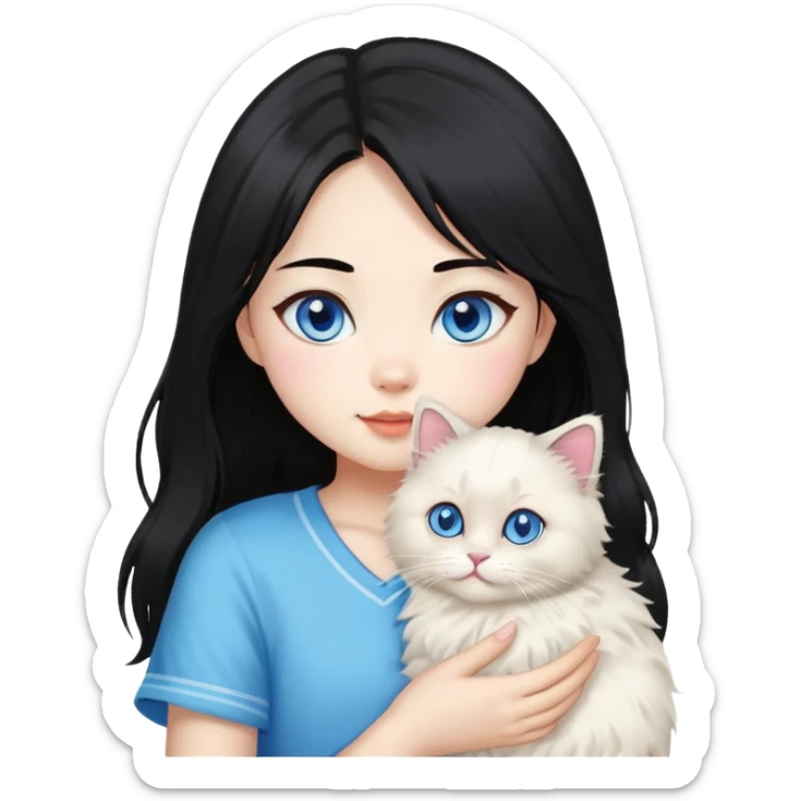 Asian girl with black hair holding a fluffy ragdoll cat with blue eyes and colorpoint fur sticker