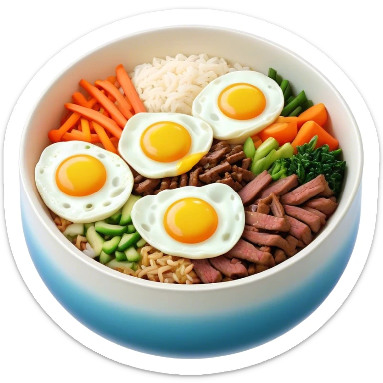 Cinematic Realistic Bibimbap Dish Emoji, showcasing a colorful bowl of mixed rice, assorted vegetables, beef, and a fried egg rendered with lifelike detail and vibrant, harmonious lighting. sticker