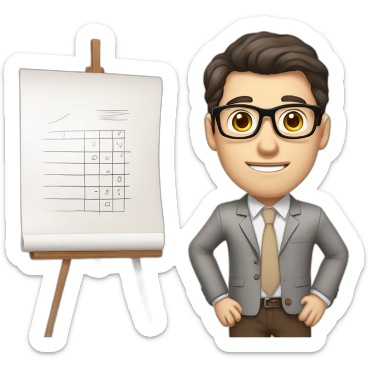 Pale skinned fit man with dark brown hair in gray jacket, beige office shirt, brown tie, brown pants and vintage glasses Writing on the flipchart sticker