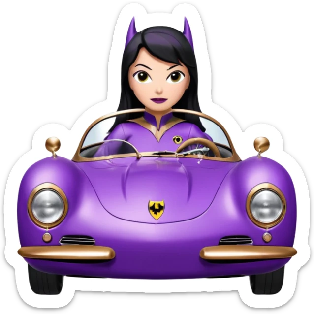 Adult tight purple suit wearing BatGirl driving her satin-black and rose-gold 1955 Porsche 550 Spyder too fast in the country, despite the rainy conditions making the tires slippery, sliding sideways with her black hair fluttering in the wind sticker