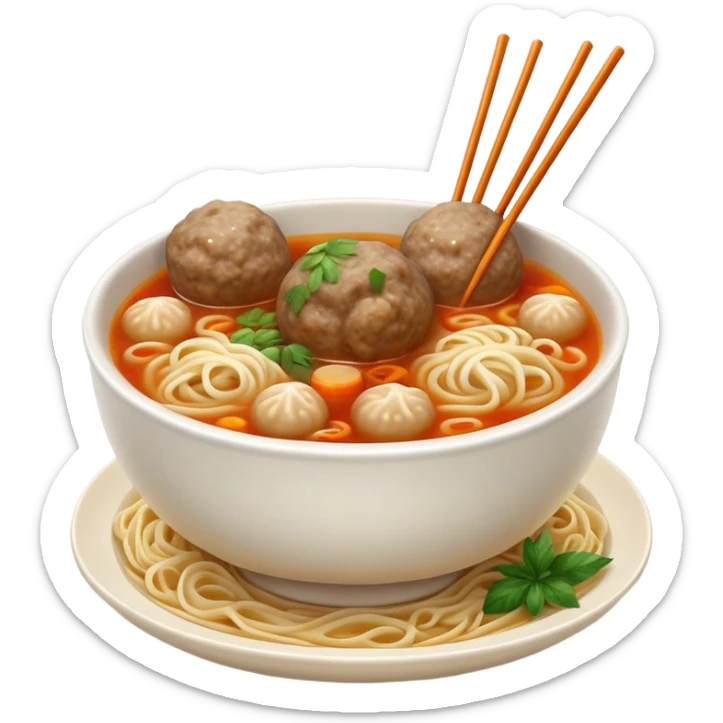 Cinematic Realistic Bakso Dish Emoji, showcasing savory meatball soup with noodles rendered with detailed textures and warm, inviting lighting. sticker