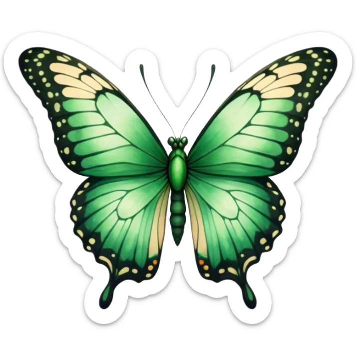 A majestic emerald-green butterfly with wide, intricately detailed wings, painted in a soft watercolor style. The edges of the wings fade into deep black, creating a striking contrast against a warm beige background.
 sticker