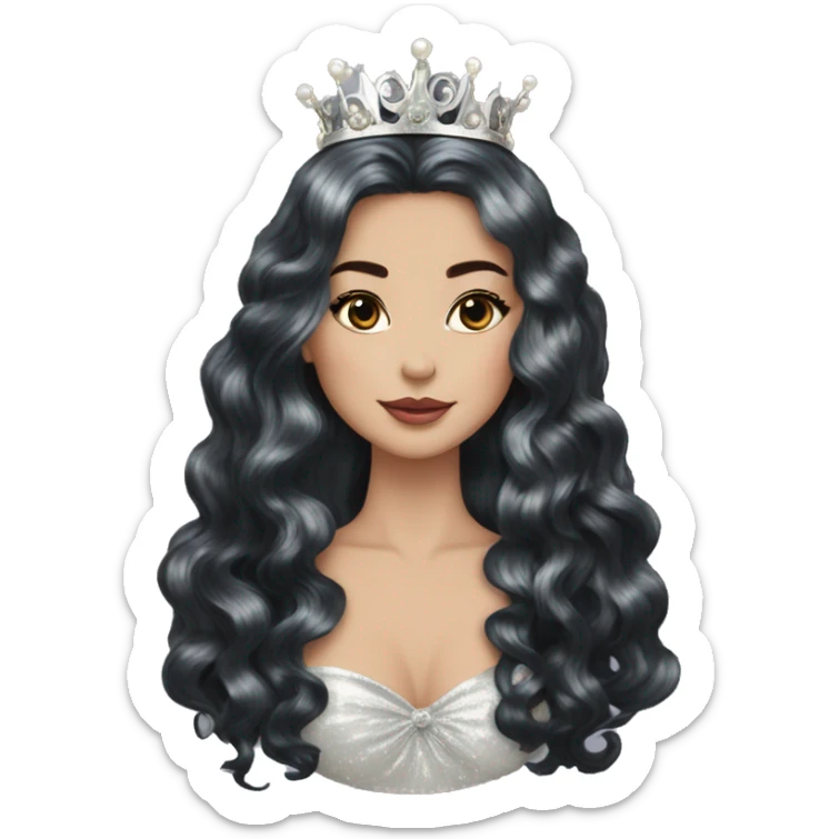 Regal pretty lady cheekbones crown vintage with very long iridescent black and silver hair wavy black hair pearl crown iridescent sticker