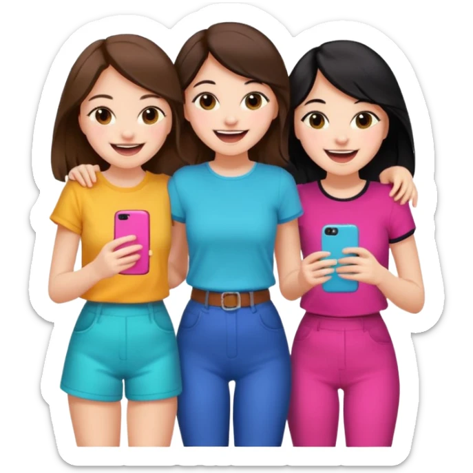 3 brown friends having fun, one with black hair, 2 with brown hair, girly style sticker