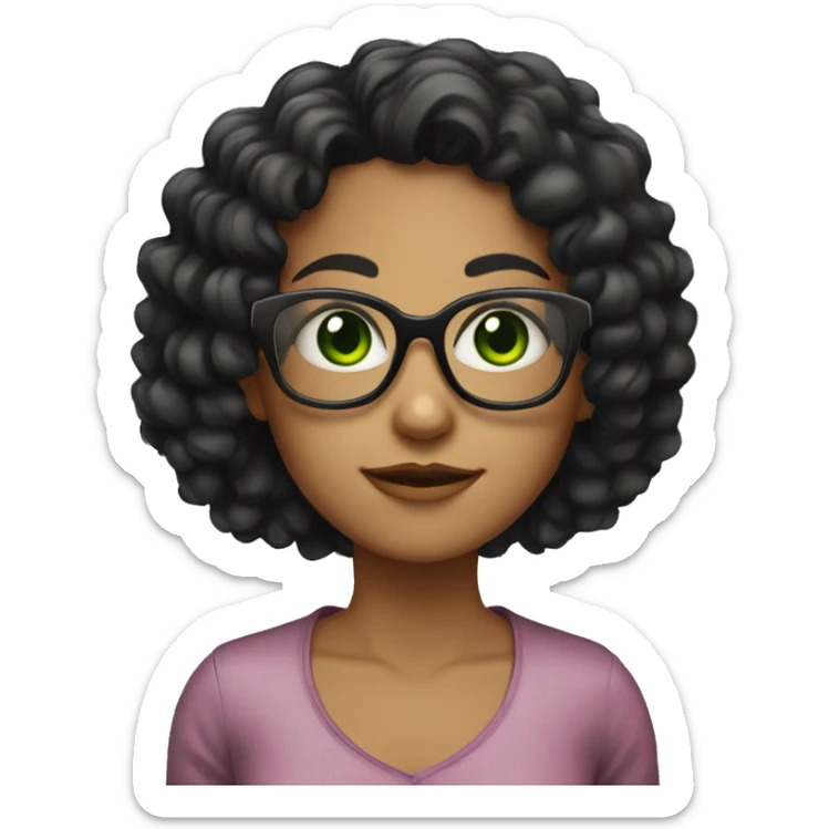 Girl with black curly hair, green eyes and red glasses with a square and bevel sticker