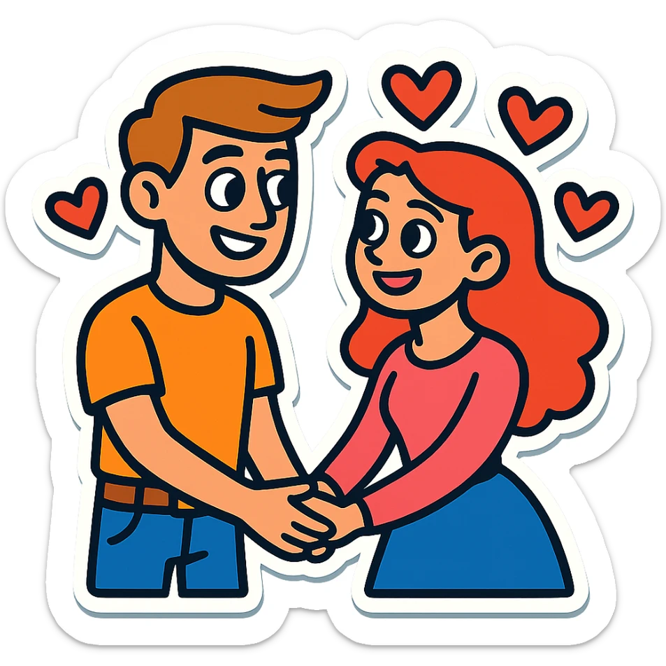 Sticker of Sasha and Yulia, two young lovers, in a vibrant toon style. They are holding hands and smiling at each other, with hearts floating around them. sticker